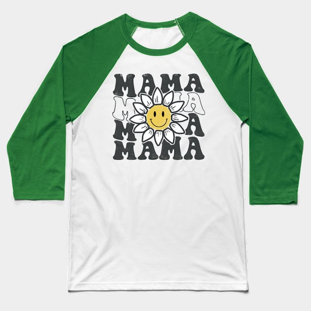 Womens Minimal Happy Face Mama Sunflower Smile Face Trendy Baseball T-Shirt by CreativeSalek